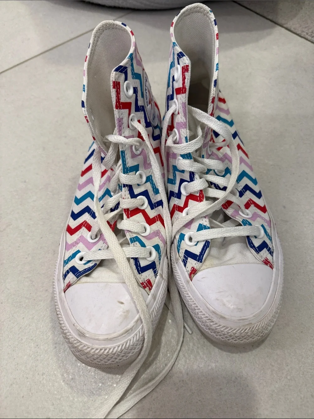 Converse High-Top Sneakers in White with Red, Blue & Pink Chevron